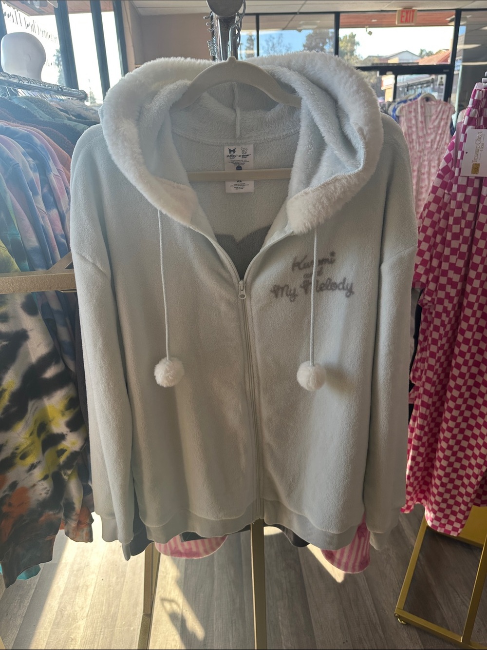 Light Blue Plush Hooded Zip Jacket with Pom-Pom Drawstrings